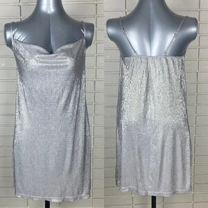 Silver coloured neck metallic club party midi  shift dress size medium